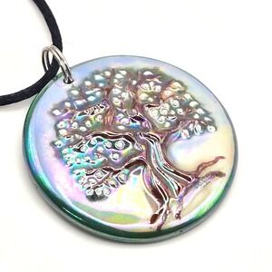 Handmade Ceramic Pendant Necklace Tree of Life Iridescent J.W. Johnson 2023 Cord